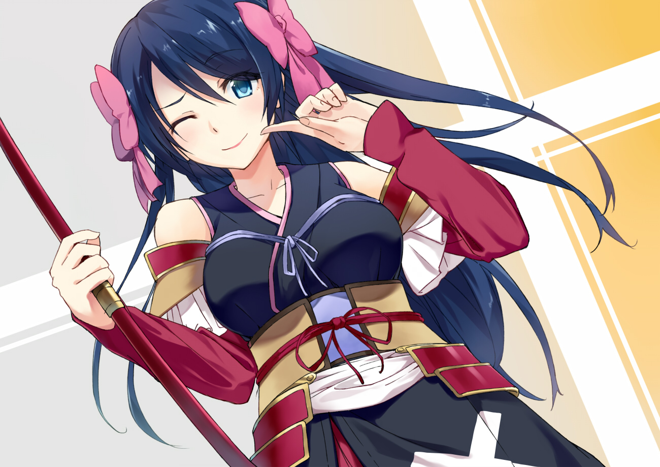 armor, blue_eyes, blue_hair, bow, cccpo, japanese_clothes, long_hair, nagahide_niwa, oda_nobuna_no_yabou, samurai, weapon, wink, yukata