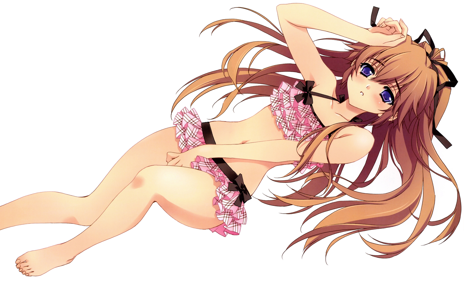 all_male, barefoot, bikini, blush, brown_hair, carnelian, long_hair, male, mix!, otoko_no_ko, ponytail, purple_eyes, suwa_ranmaru, swimsuit, white