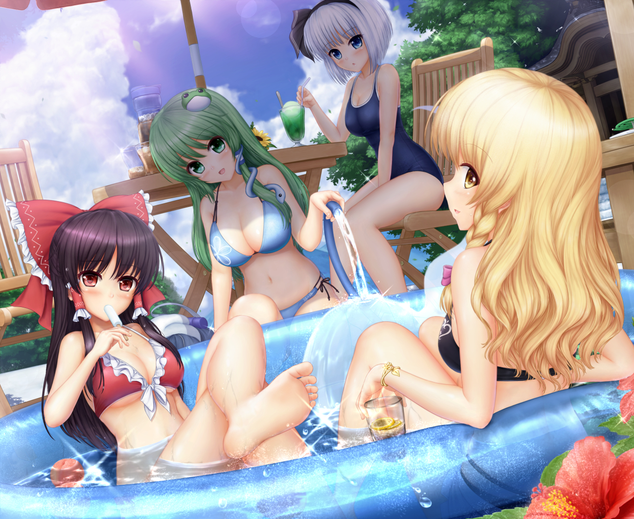 ball, barefoot, black_hair, blonde_hair, blue_eyes, blush, breasts, cleavage, food, fruit, gray_hair, green_eyes, green_hair, group, hakurei_reimu, kirisame_marisa, kochiya_sanae, konpaku_youmu, long_hair, miyakouji, popsicle, red_eyes, short_hair, swimsuit, touhou, umbrella, water, wet, yellow_eyes