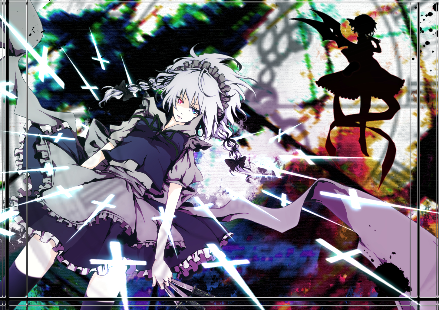2girls, bicolored_eyes, braids, gray_hair, headdress, izayoi_sakuya, knife, maid