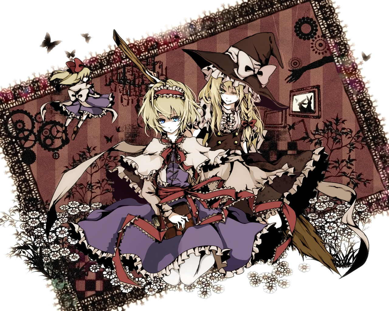 2girls, alice_margatroid, blonde_hair, blue_eyes, book, braids, butterfly, doll