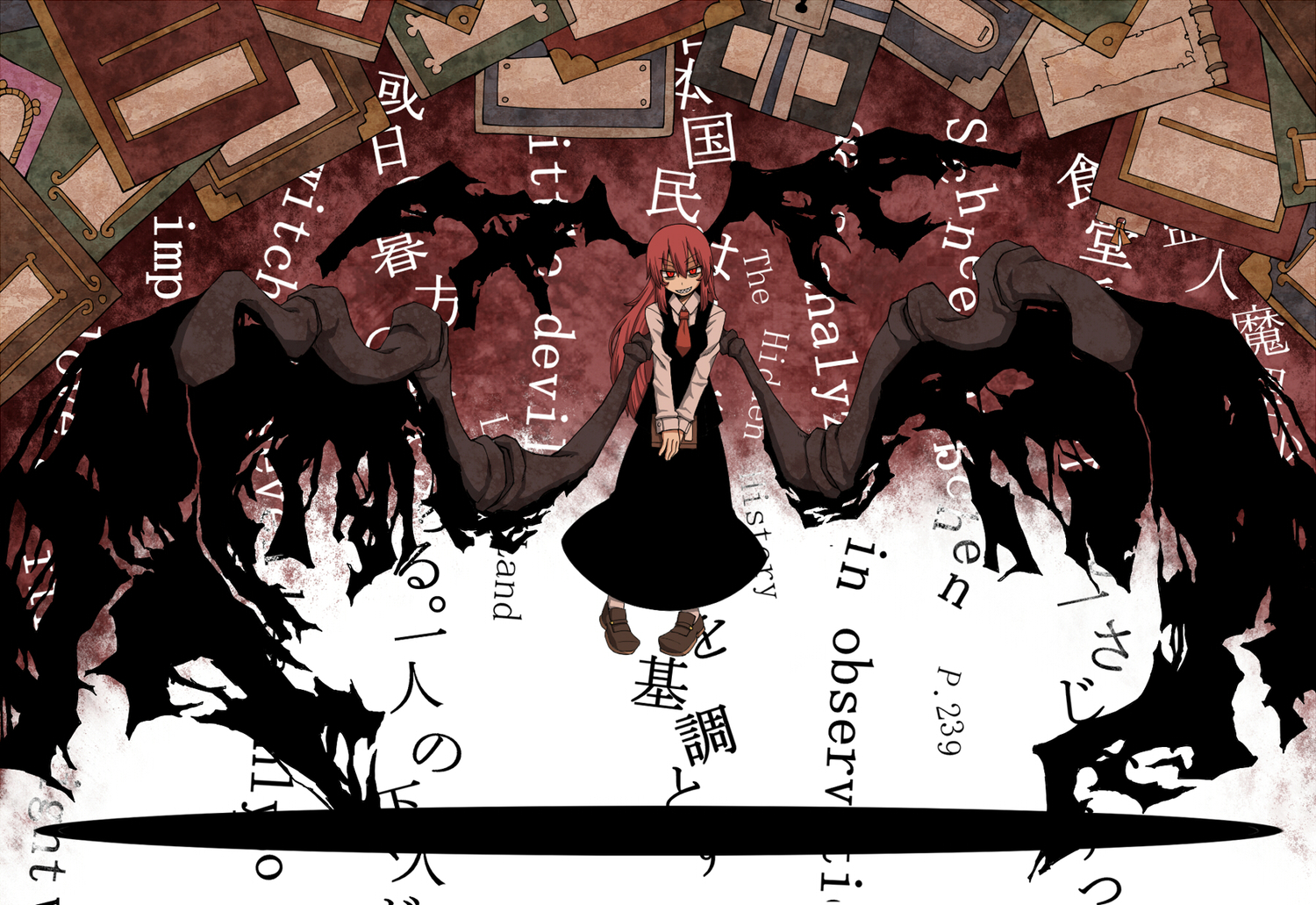 book, demon, koakuma, kuri_dora, long_hair, red_eyes, red_hair, touhou, wings