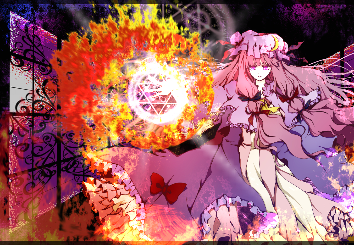 dress, fire, hat, long_hair, mage, magic, patchouli_knowledge, pink_eyes