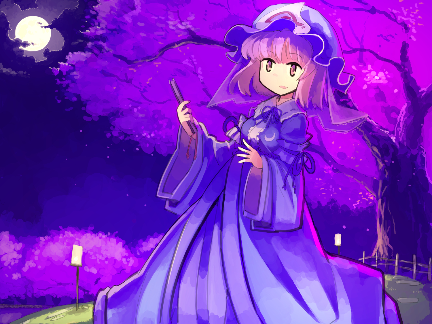 cherry_blossoms, dress, fan, flowers, hat, juraki_hakuaki, moon, pink_eyes, pink_hair, saigyouji_yuyuko, short_hair, touhou