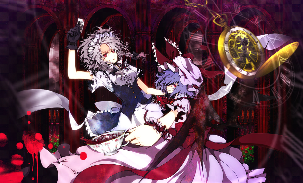 2girls, blood, bow, braids, dress, gloves, gray_hair, hat
