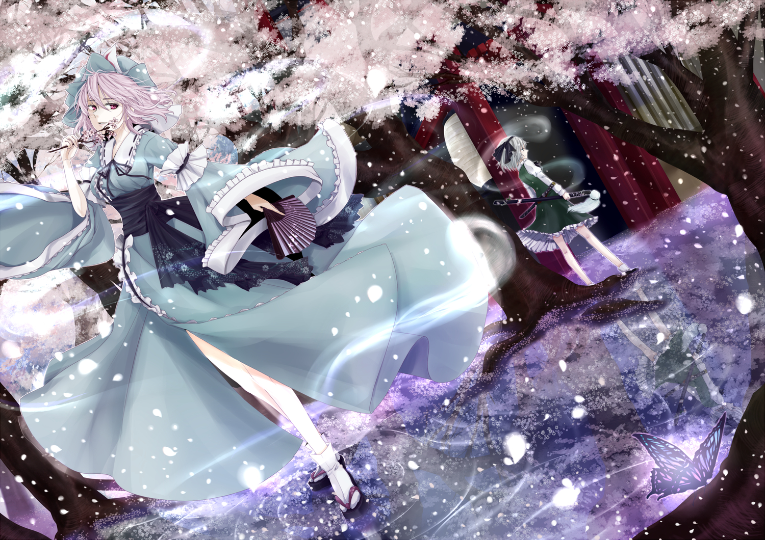 2girls, blue_eyes, butterfly, cherry, cherry_blossoms, fan, flowers, food, fruit, gray_hair, japanese_clothes, kimono, konpaku_youmu, myon, pink_eyes, pink_hair, ribbons, saigyouji_yuyuko, short_hair, skirt, sword, touhou, tree, water, weapon, yume_koucha