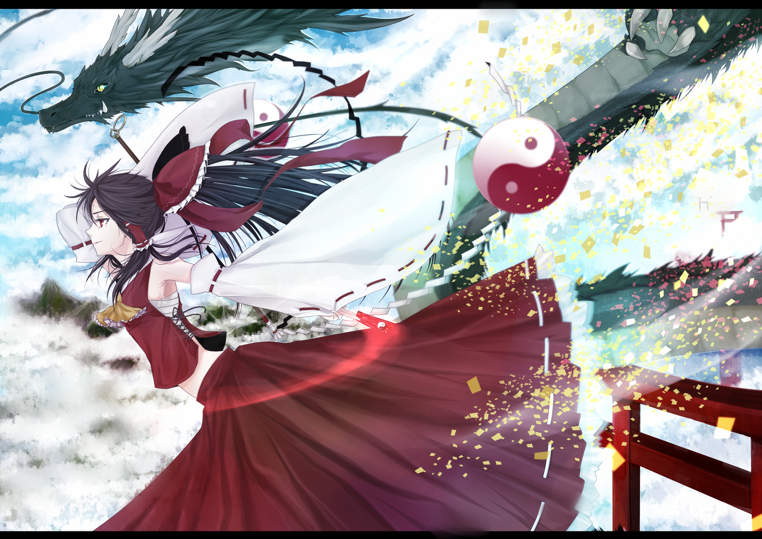 black_hair, bow, clouds, dragon, hakurei_reimu, japanese_clothes, long_hair, miko, ponytail, red_eyes, sarashi, sky, touhou, underwear, yume_koucha