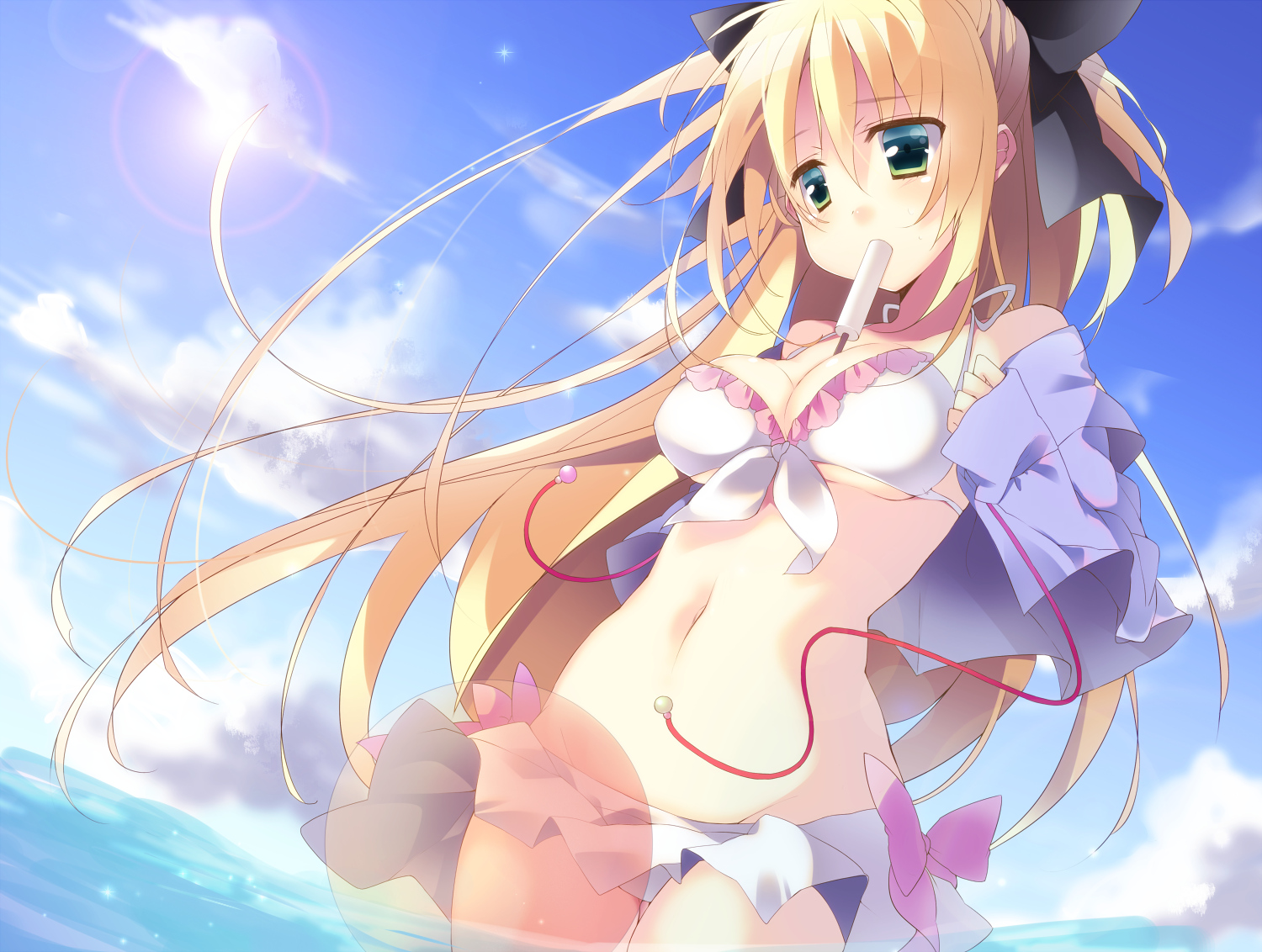 aqua_eyes, bikini, blonde_hair, breasts, cleavage, kisaragi_kiriha, long_hair, original, popsicle, swimsuit, water