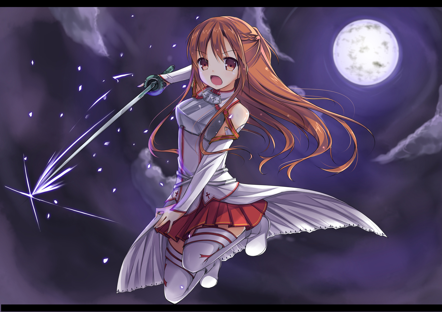 amemiya_ruki, armor, brown_eyes, brown_hair, elbow_gloves, gloves, long_hair, moon, sword, sword_art_online, thighhighs, weapon, yuuki_asuna