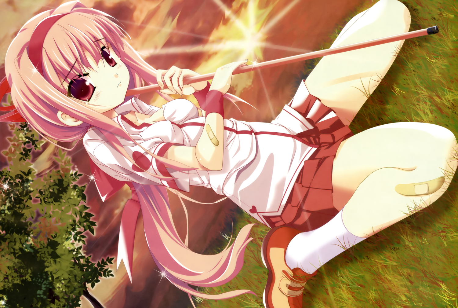 bandaid, dengeki_moeoh, hagiwara_onsen, original, pink_hair, red_eyes, school_uniform, sunset