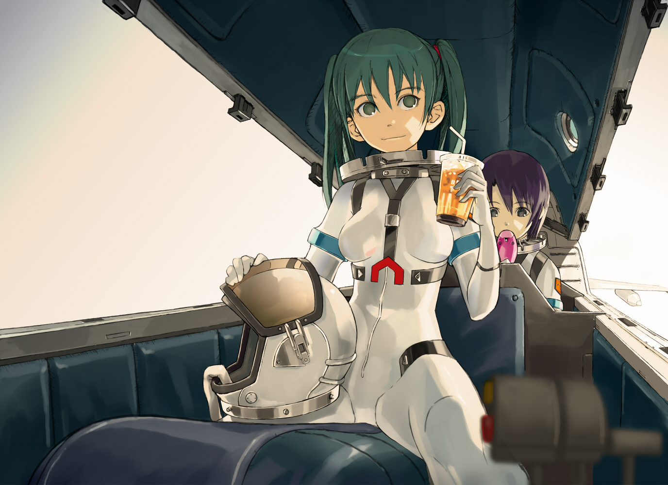 2girls, drink, green_eyes, green_hair, honjou_mikaze, kikuhara_karin, purple_hair, stratos_4, twintails