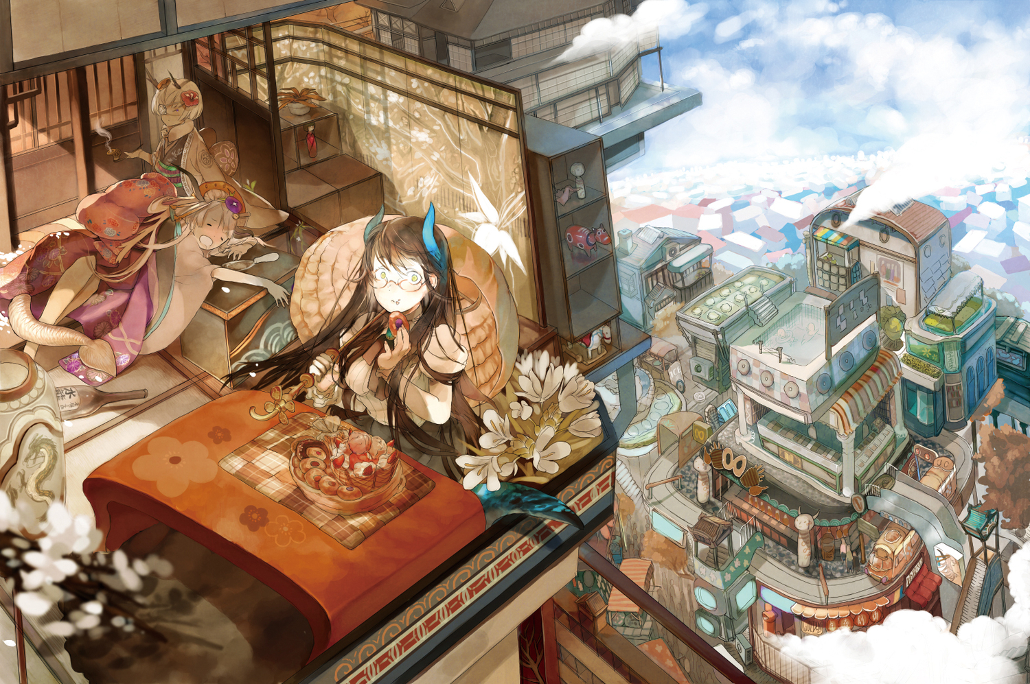 brown_hair, city, eyepatch, food, glasses, gray_hair, horns, japanese_clothes, kimono, leiror, long_hair, original, short_hair, sleeping, tail, yellow_eyes