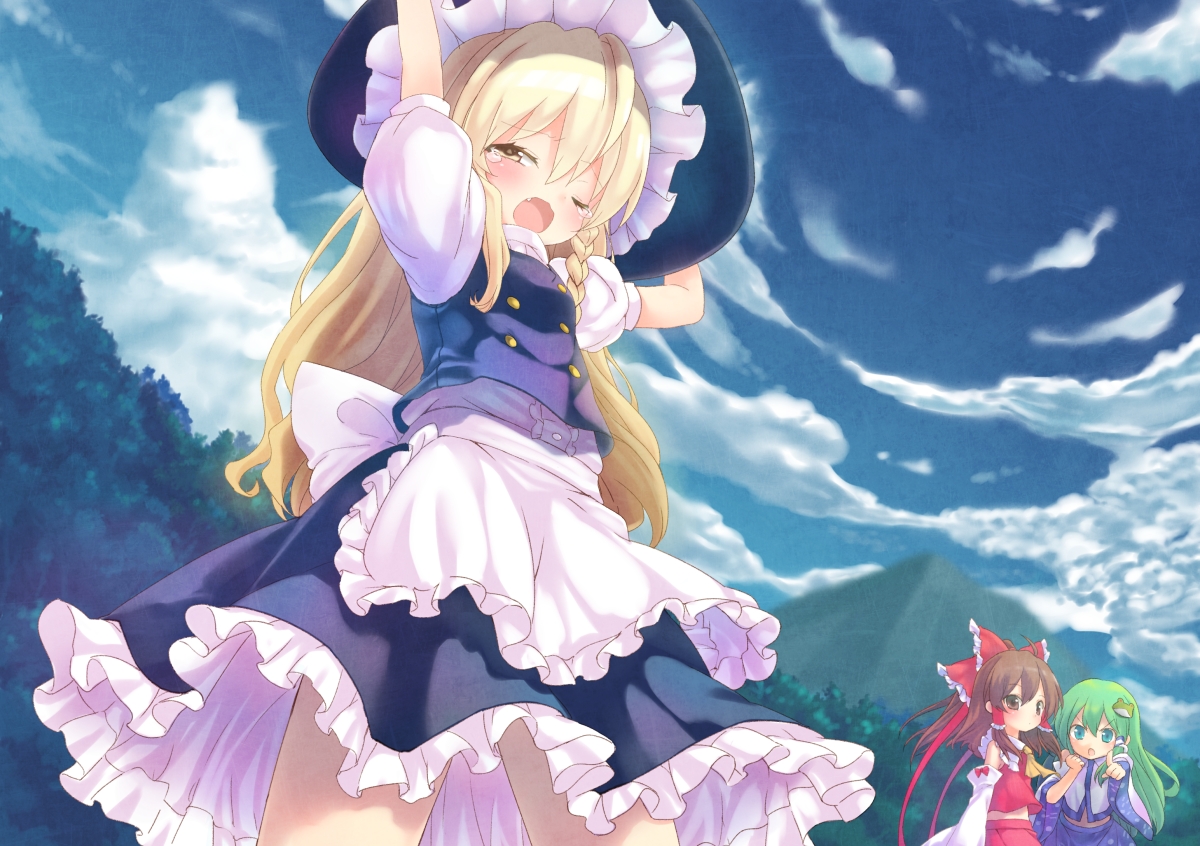 blonde_hair, braids, brown_eyes, brown_hair, dress, fang, green_eyes, green_hair, hakurei_reimu, hat, japanese_clothes, kirisame_marisa, kochiya_sanae, long_hair, miko, numako, tears, touhou, witch, yellow_eyes