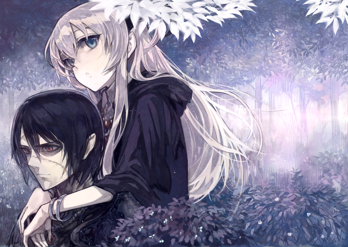 black_hair, blue_eyes, gray_hair, hood, long_hair, male, original, red_eyes, scar, short_hair, shrimpman, tree