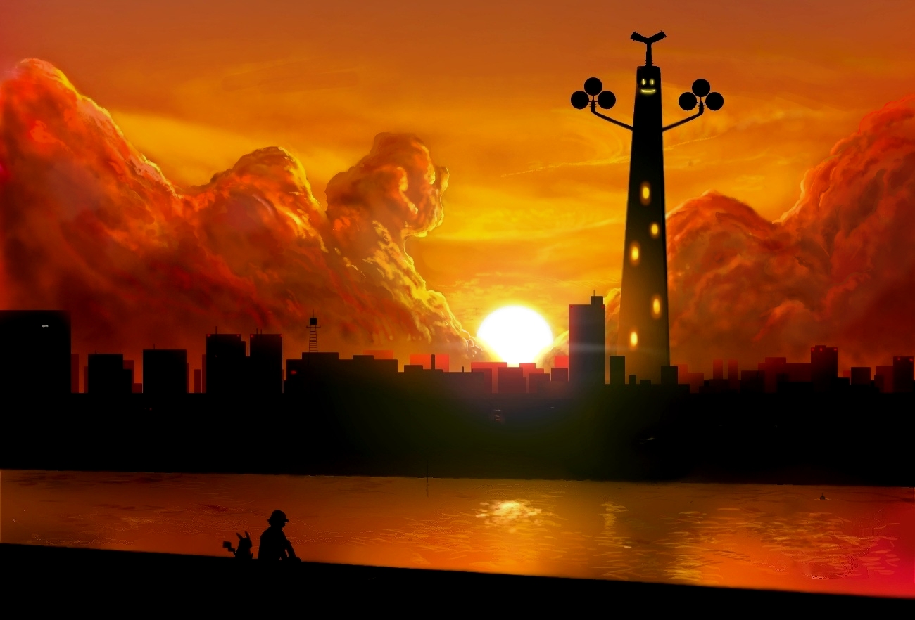 building, clouds, cosmo_(pixiv12140406), landscape, pikachu, pokemon, red_(pokemon), scenic
