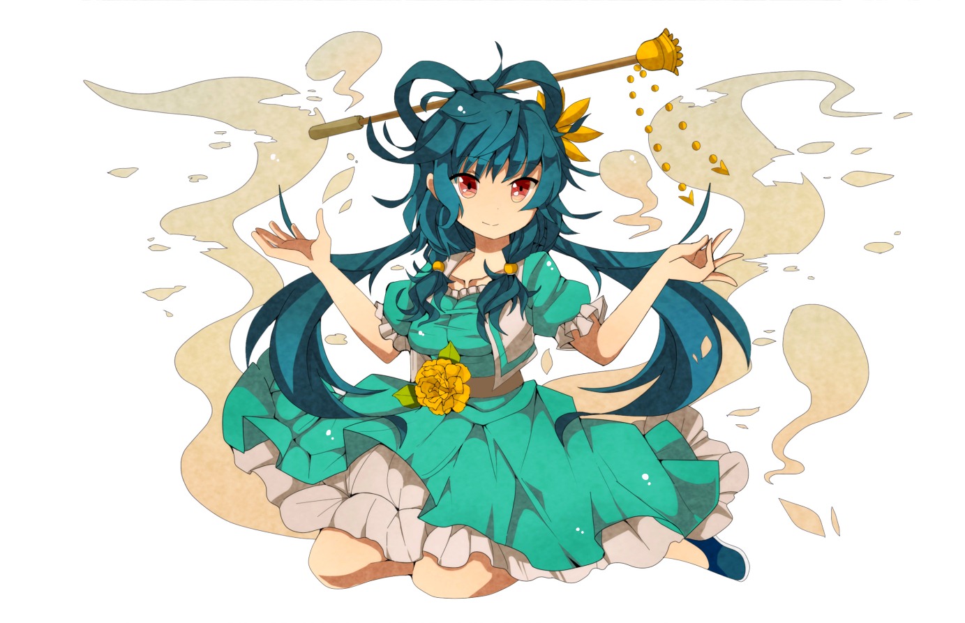 blue_hair, dress, flowers, fumiko_(miruyuana), kaku_seiga, long_hair, red_eyes, touhou