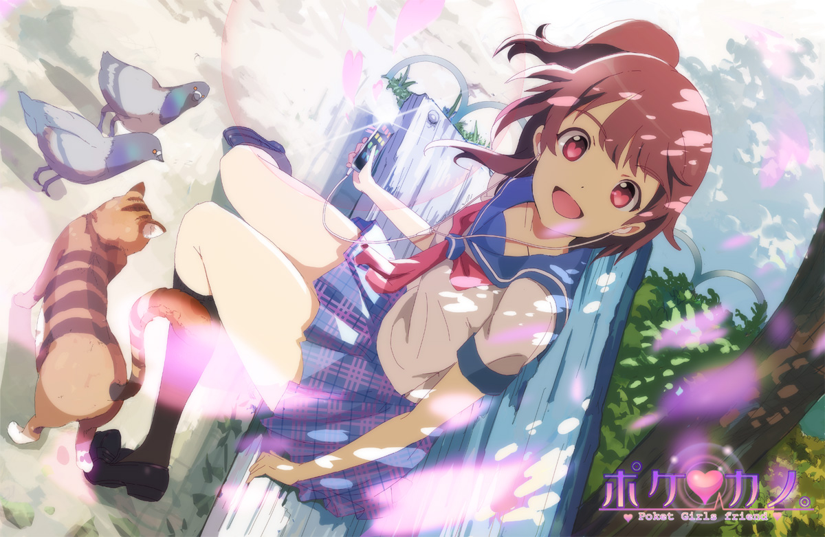 animal, bird, cat, headphones, heart, original, phone, ponytail, red_eyes, red_hair, school_uniform, seiji1209, short_hair