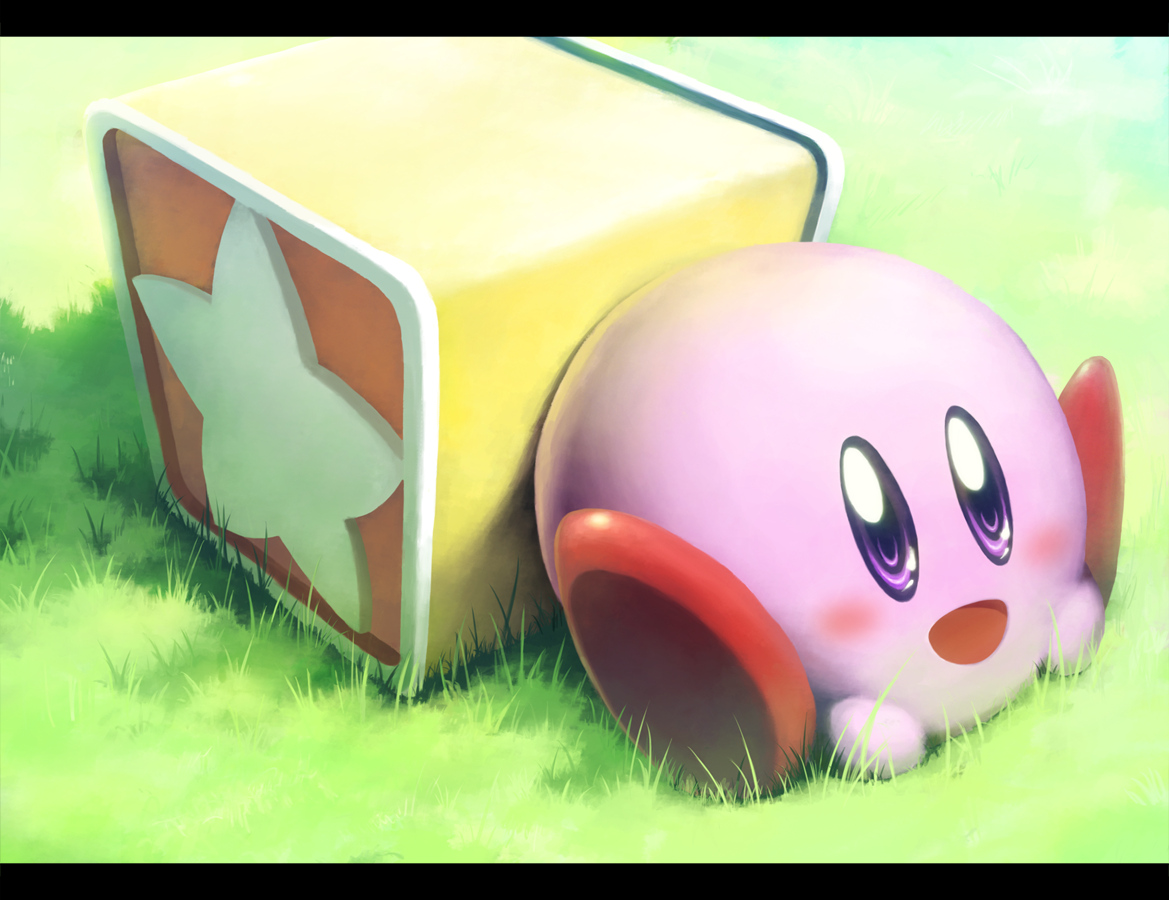 blush, grass, kirby, kirby_(character), purple_eyes, sasajqazwsx