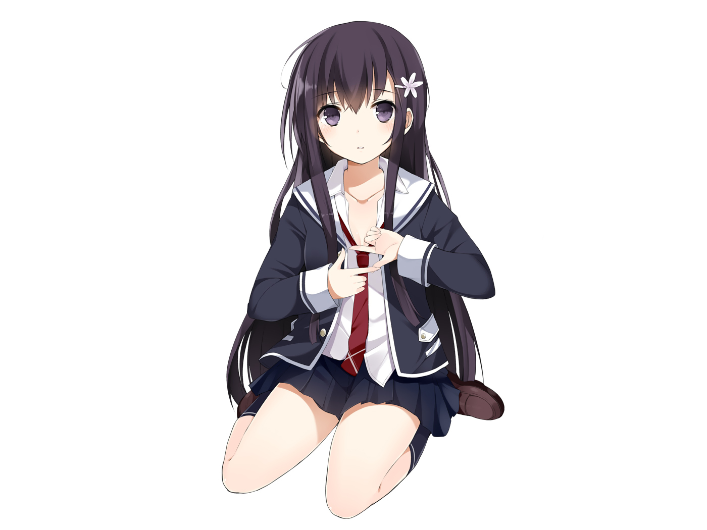 black_eyes, black_hair, blush, long_hair, school_uniform, suburi, tie, white