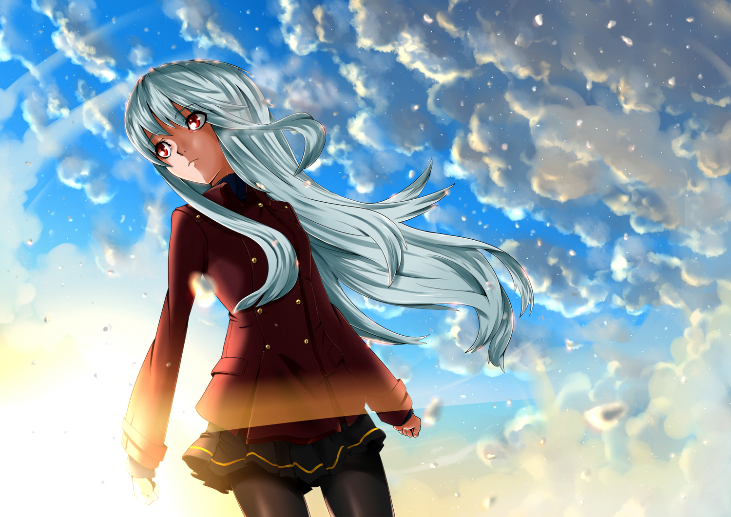 clouds, gray_hair, long_hair, nukosan., original, pantyhose, red_eyes, school_uniform, sky, winter