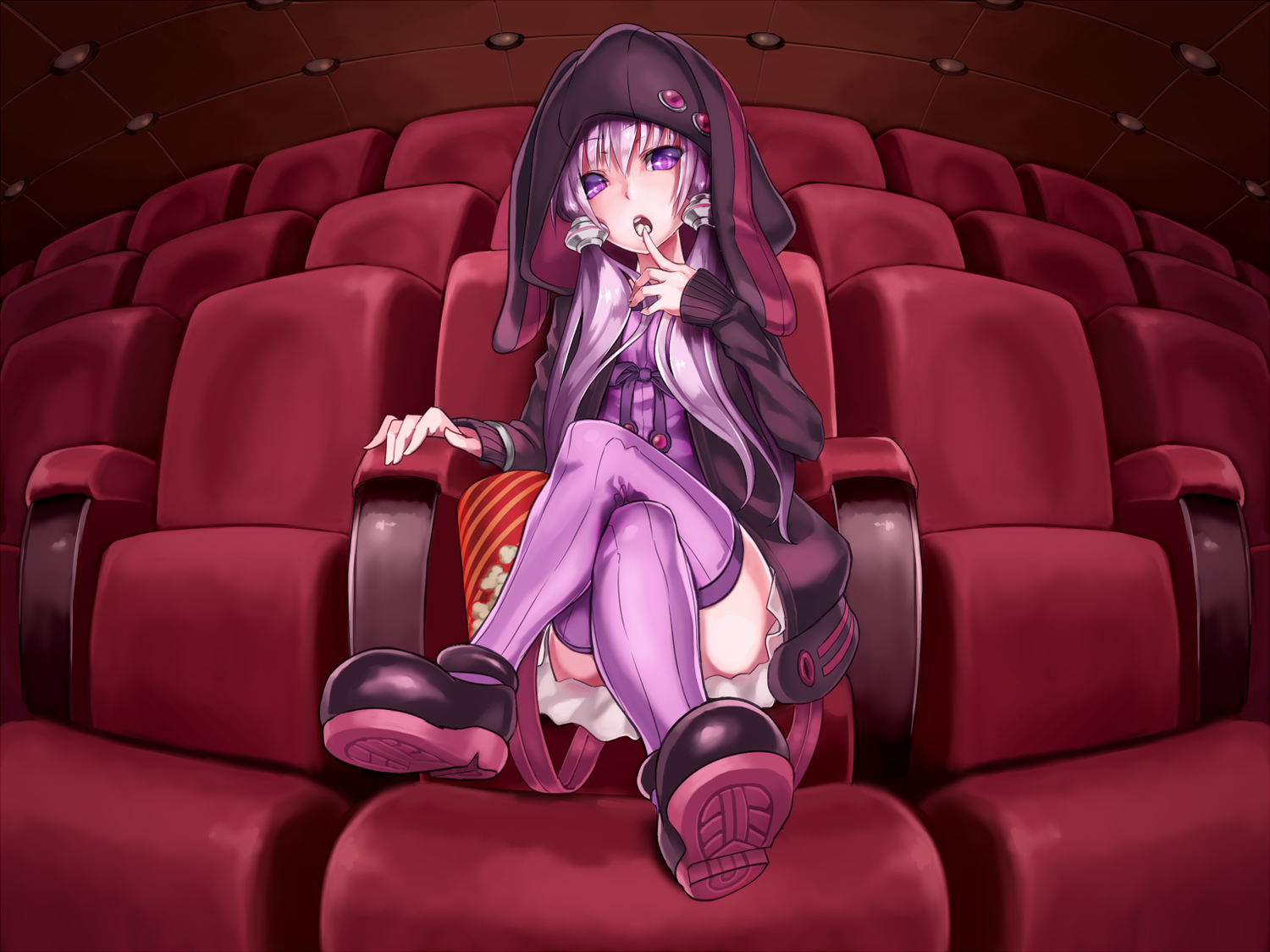 food, hood, long_hair, nakasaki_hydra, purple_eyes, purple_hair, thighhighs, twintails, vocaloid, voiceroid, yuzuki_yukari