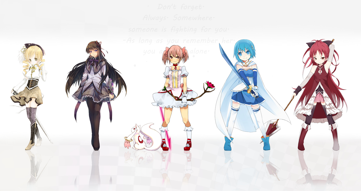 akemi_homura, gray, group, kaname_madoka, konataeru, kyuubee, mahou_shoujo_madoka_magica, meno, mika_(1020mk), miki_sayaka, mizuki_(koko_lost), sakura_kyouko, suburi, takuan_(takuan0907), tomoe_mami, weapon