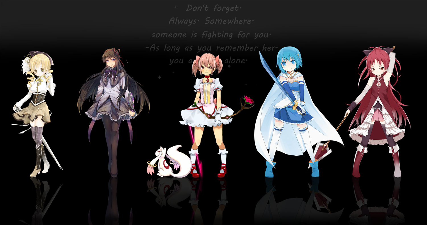 akemi_homura, black, group, kaname_madoka, konataeru, kyuubee, mahou_shoujo_madoka_magica, meno, mika_(1020mk), miki_sayaka, mizuki_(koko_lost), sakura_kyouko, suburi, takuan_(takuan0907), tomoe_mami, weapon