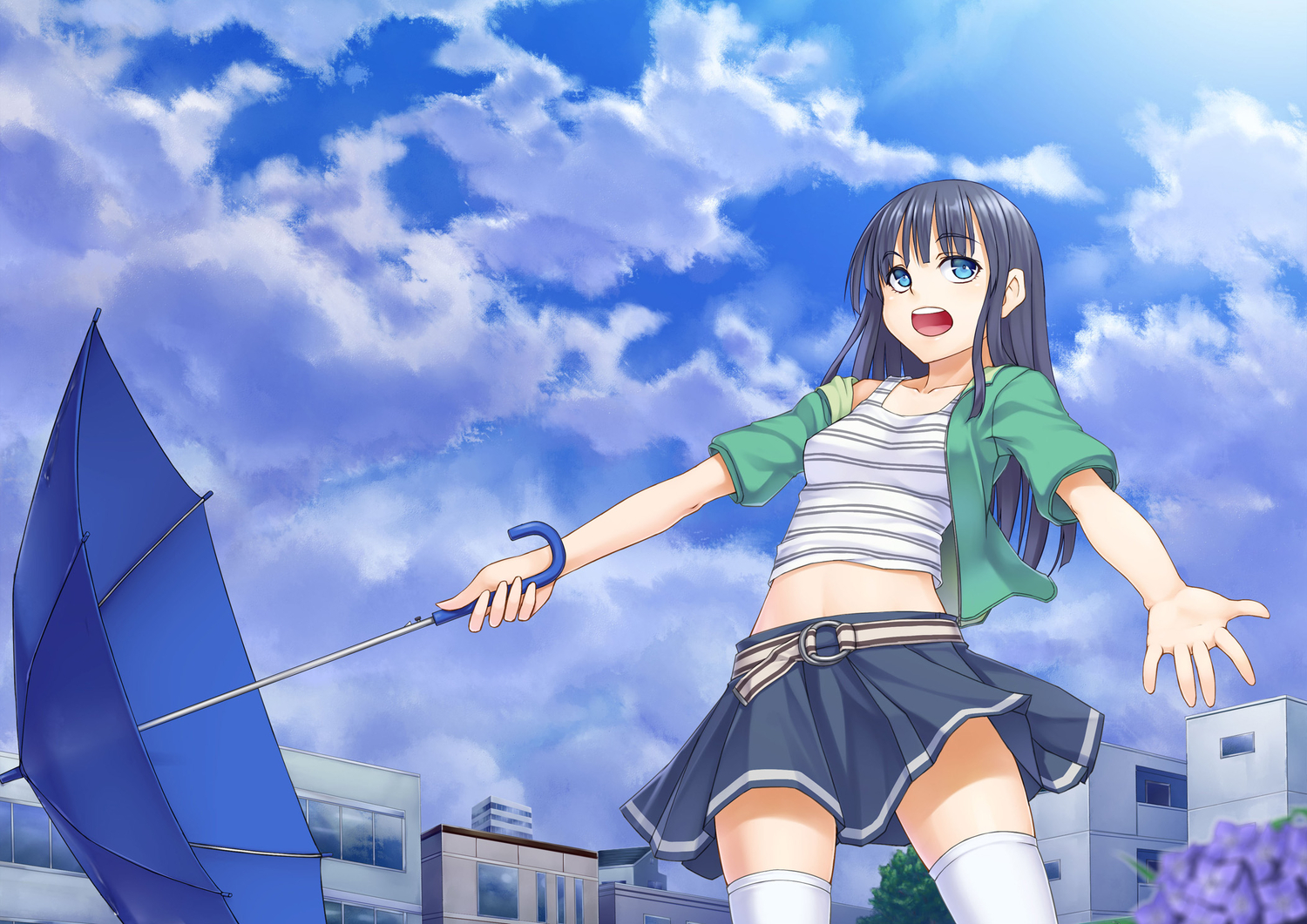 black_hair, blue_eyes, clouds, kasei_(xyz), long_hair, original, thighhighs, umbrella