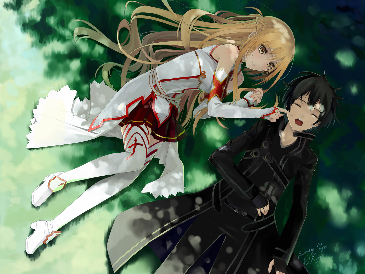 black_hair, blonde_hair, grass, jpeg_artifacts, kirigaya_kazuto, long_hair, okingjo, short_hair