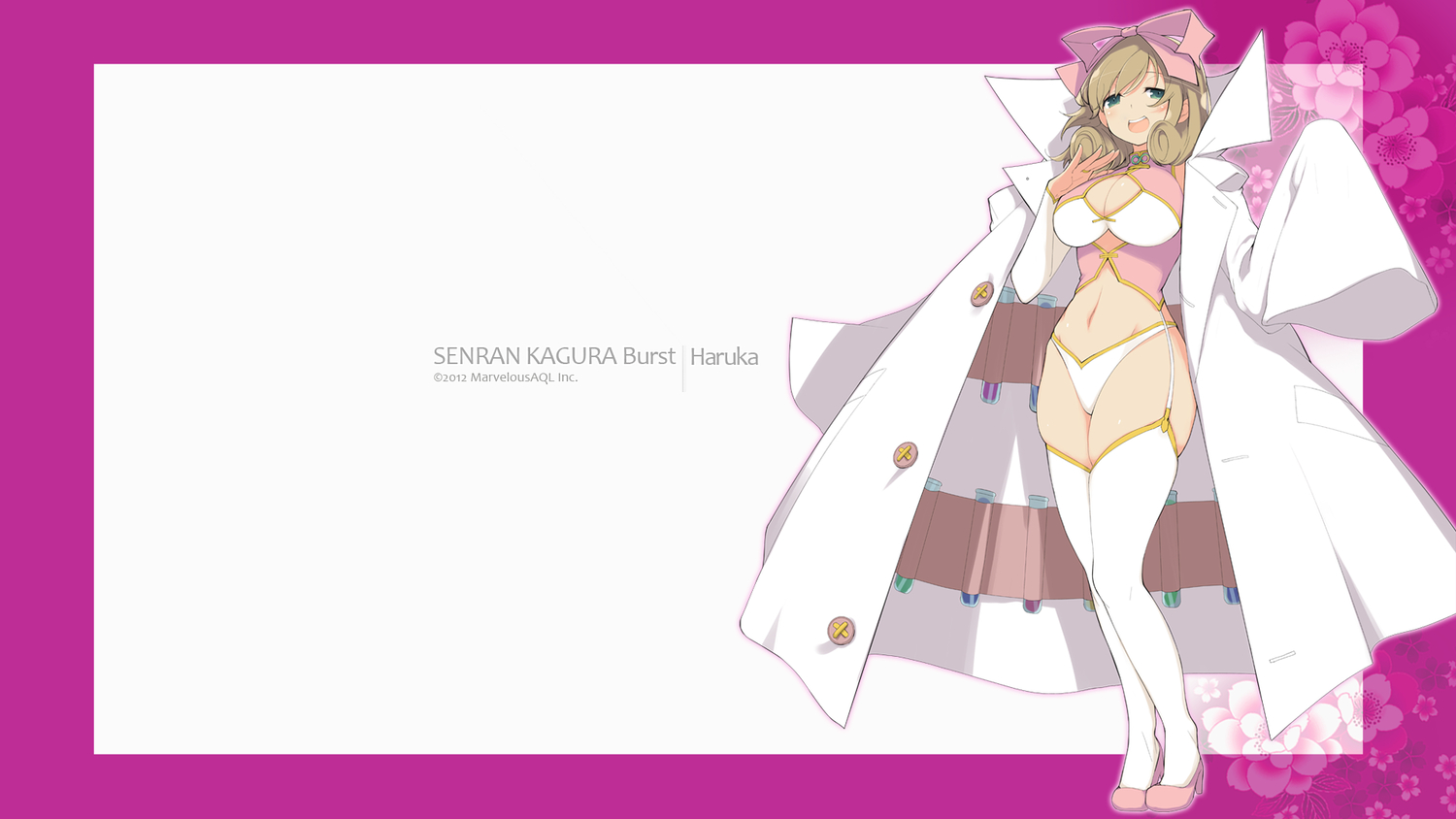 aqua_eyes, bow, breasts, brown_hair, chinese_clothes, chinese_dress, cleavage, dress, garter_belt, haruka_(senran_kagura), senran_kagura, short_hair, thighhighs, yaegashi_nan