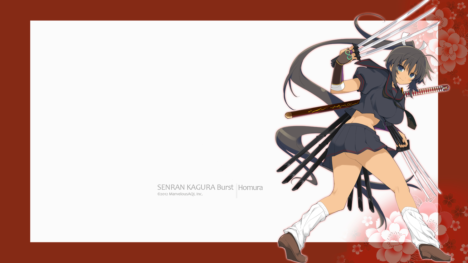 armor, black_hair, blue_eyes, homura_(senran_kagura), katana, long_hair, ponytail, school_uniform