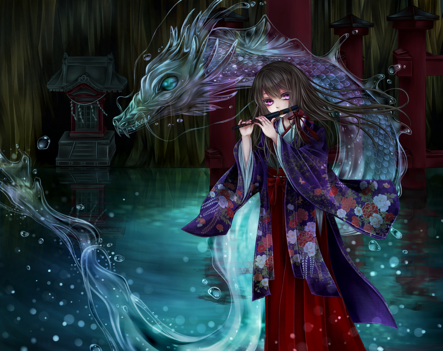 blacksio, brown_hair, dragon, flute, instrument, japanese_clothes, long_hair, miko, original, purple_eyes, water