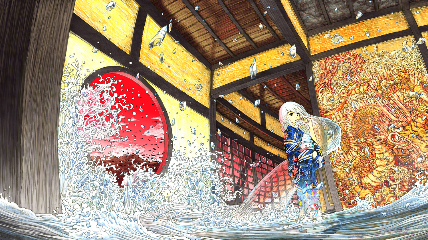 barefoot, black_eyes, dragon, japanese_clothes, long_hair, original, sumashi, water