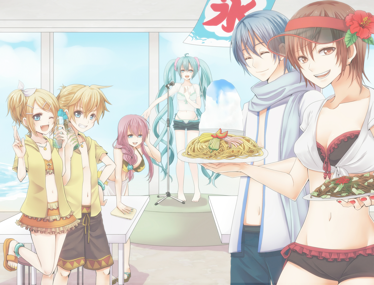 bikini, breasts, cleavage, drink, food, group, hatsune_miku, kagamine_len, kagamine_rin, kaito, male, megurine_luka, meiko, microphone, setora, swimsuit, vocaloid