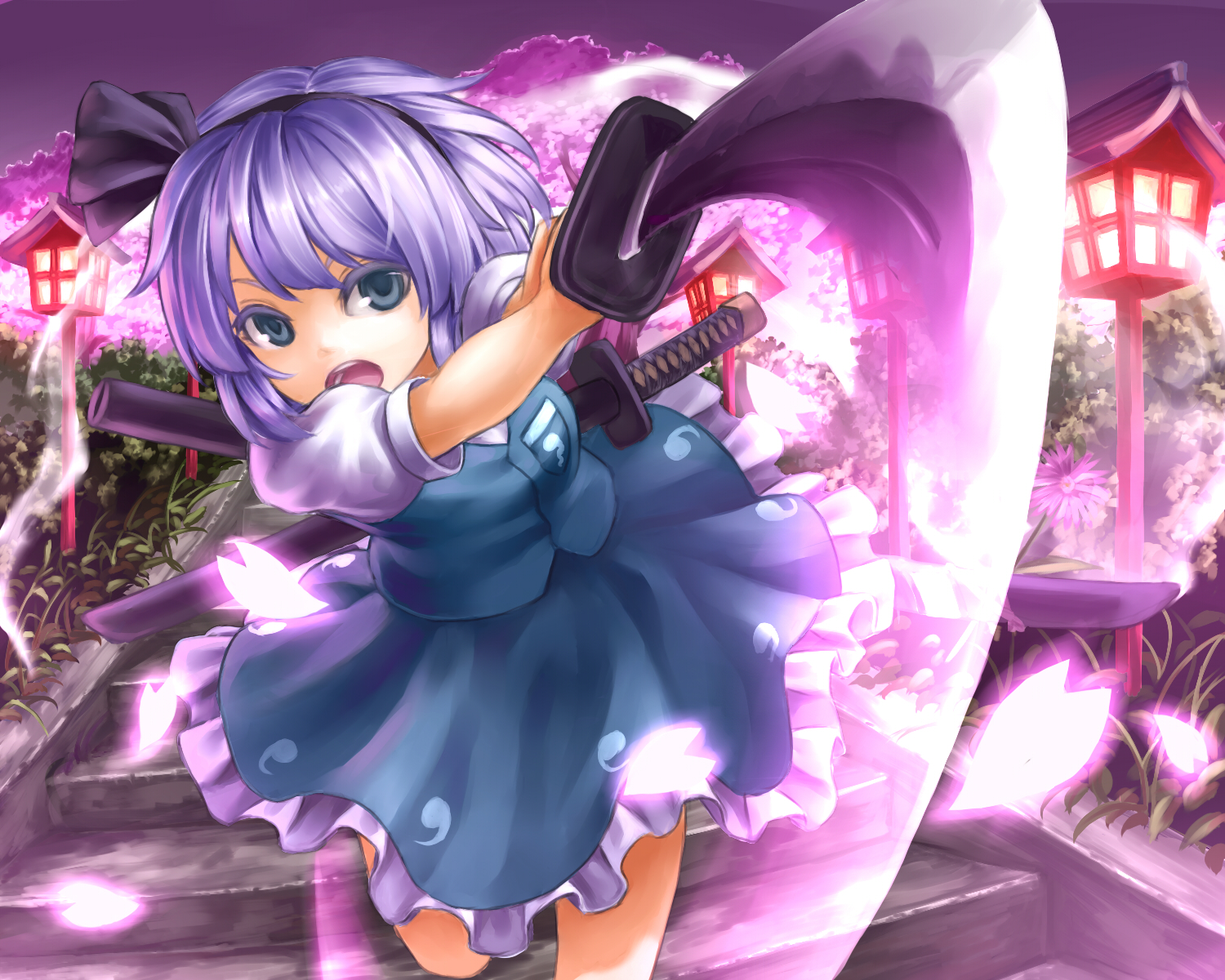 bow, gray_eyes, gray_hair, headband, katana, konpaku_youmu, myon, petals, short_hair, sword, teiraa, touhou, weapon