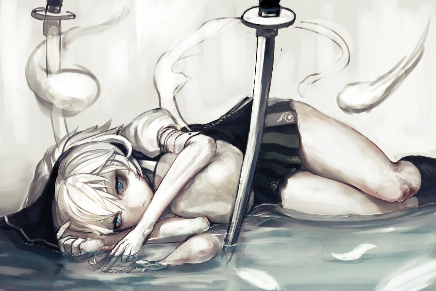 blue_eyes, bow, gray_hair, katana, konpaku_youmu, myon, short_hair, sword, tmt, touhou, weapon