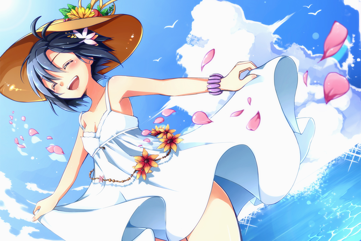 aidumi, dress, hat, idolmaster, kikuchi_makoto, petals, short_hair, summer_dress, water