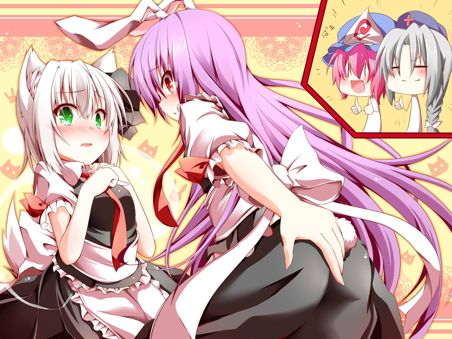 animal_ears, apron, blush, bunny_ears, bunnygirl, catgirl, chibi, gray_hair, green_eyes, hat, jpeg_artifacts, konpaku_youmu, long_hair, maid, myon, pink_hair, red_eyes, reisen_udongein_inaba, ribbons, saigyouji_yuyuko, short_hair, skirt, tail, tears, tie, touhou, wakagi_repa, white_hair, yagokoro_eirin