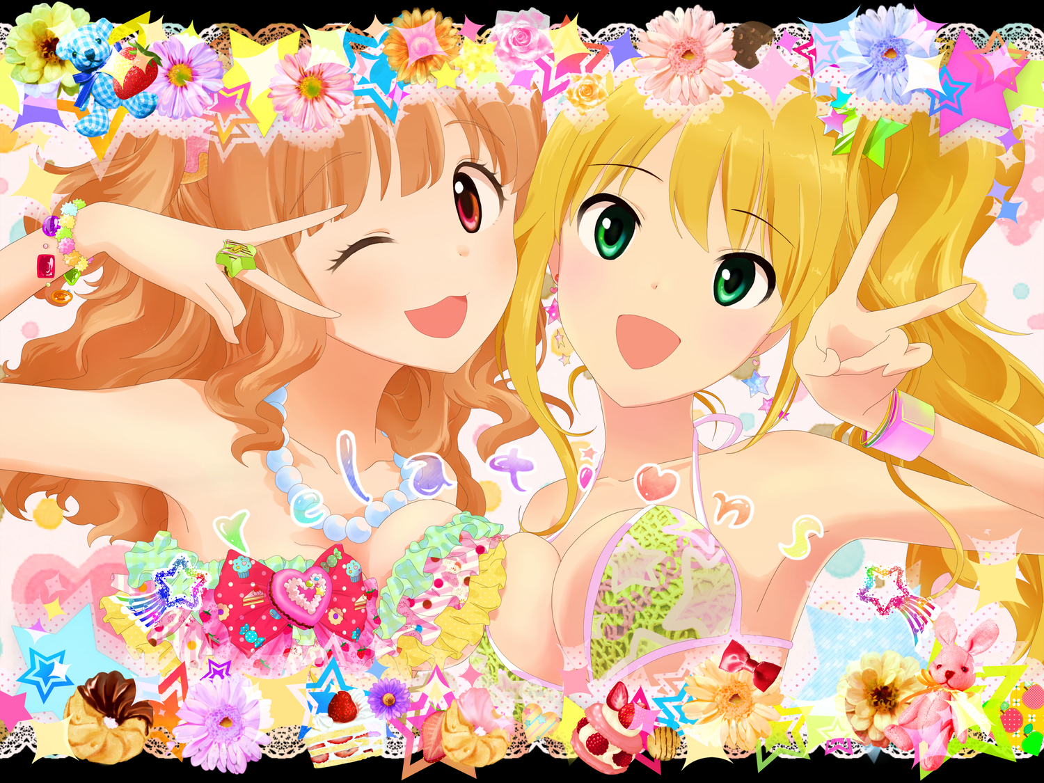 2girls, bikini, bikini_top, blonde_hair, breasts, brown_eyes, brown_hair, cake, cleavage, food, green_eyes, hoshii_miki, idolmaster, idolmaster_cinderella_girls, moroboshi_kirari, necklace, ponytail, stars, swimsuit, teddy_bear, wink, yuyu805p