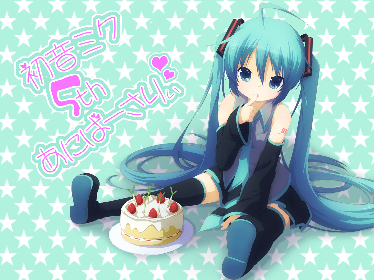 aqua_hair, cake, food, hatsune_miku, loli, thighhighs, tie, twintails