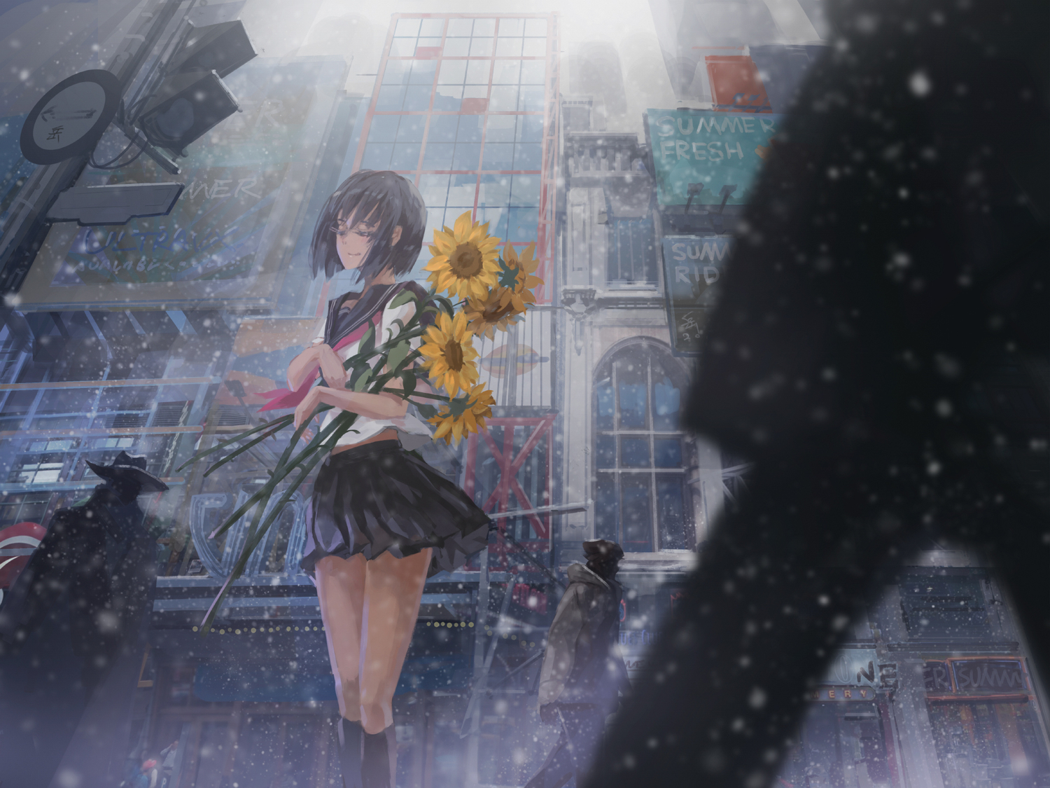 archlich, black_hair, building, city, flowers, original, school_uniform, short_hair