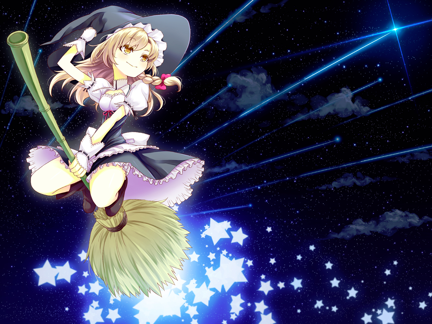 blonde_hair, bow, braids, clouds, kirisame_marisa, night, stars, tomo1030, touhou, witch