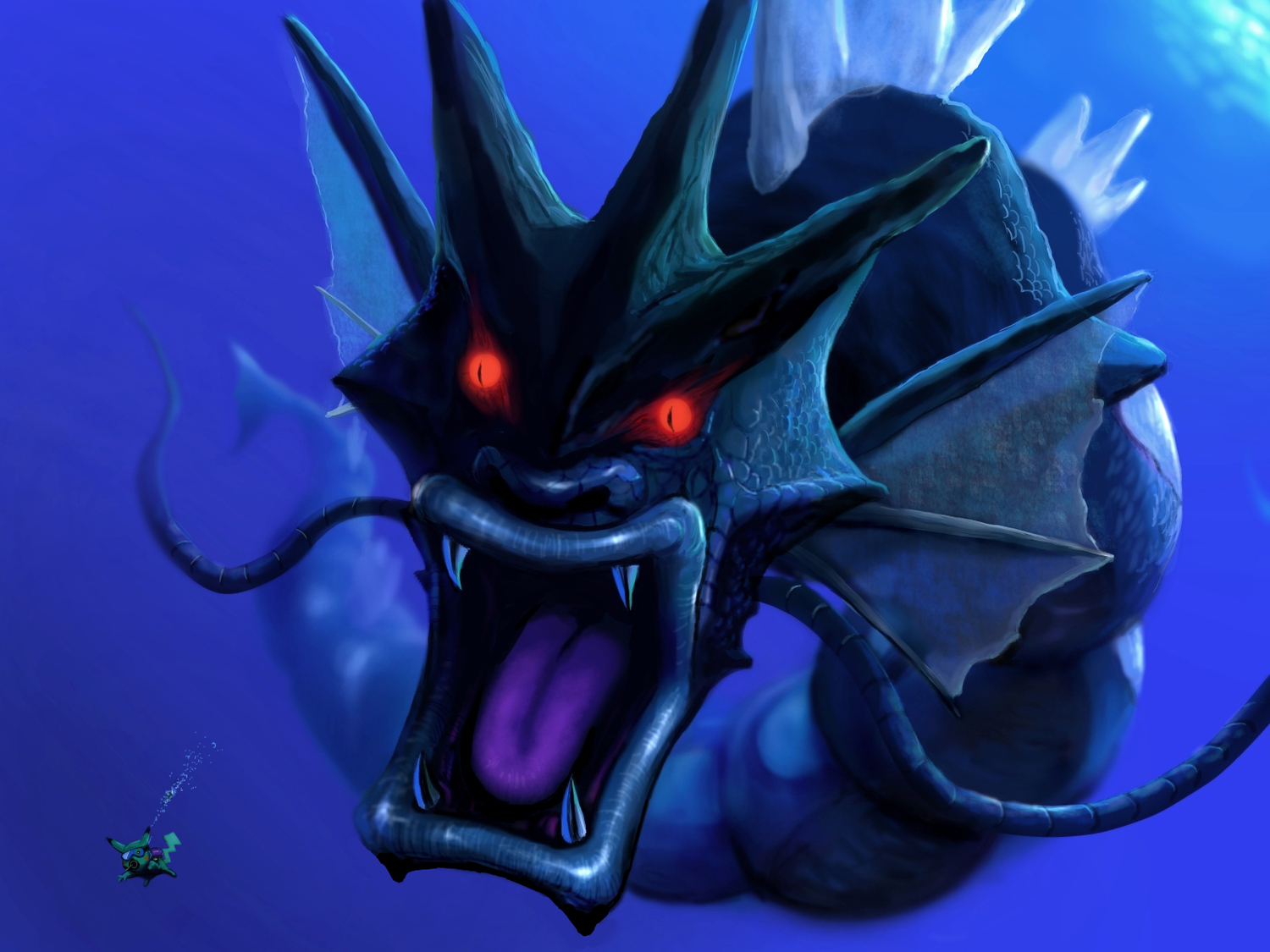 cosmo_(pixiv12140406), gyarados, no_humans, pikachu, pokemon