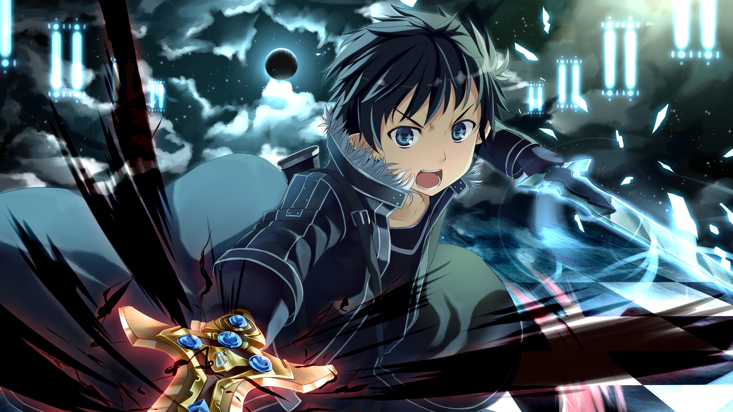 blue_eyes, kirigaya_kazuto, sky, sword, sword_art_online, tagme, weapon, yuuri_nayuta
