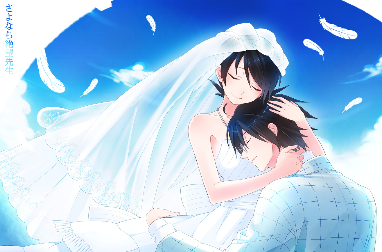clouds, feathers, fuura_kafuka, hug, itoshiki_nozomu, sayonara_zetsubou_sensei, sky, wedding_attire