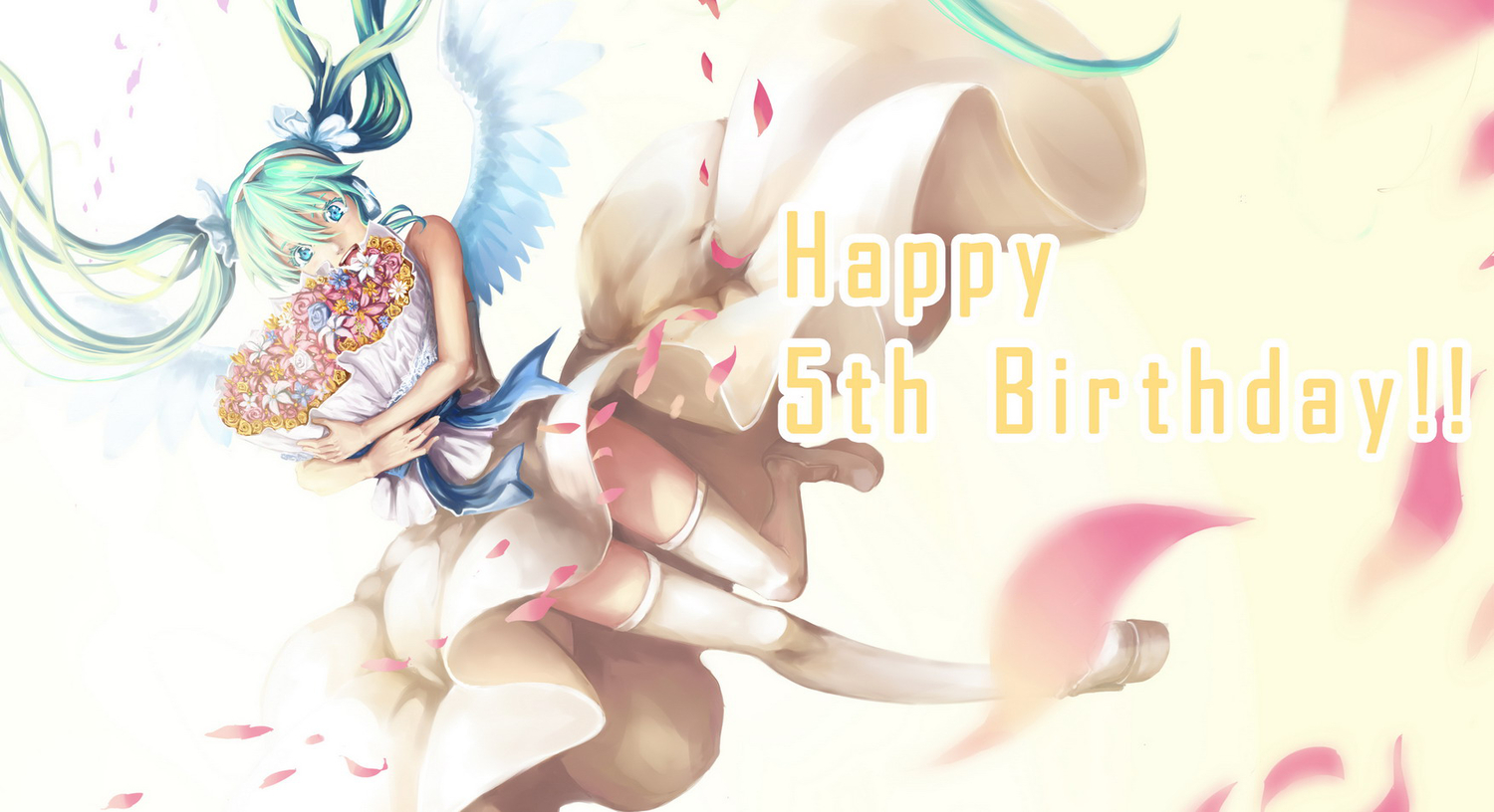 darkers, dress, flowers, hatsune_miku, thighhighs, twintails, vocaloid, wings