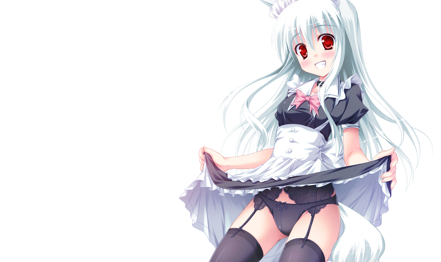 animal_ears, fang, foxgirl, garter_belt, maid, original, panties, red_eyes, skirt, skirt_lift, stockings, tail, thighhighs, third-party_edit, underwear, white, white_hair, yuurei_yashiki