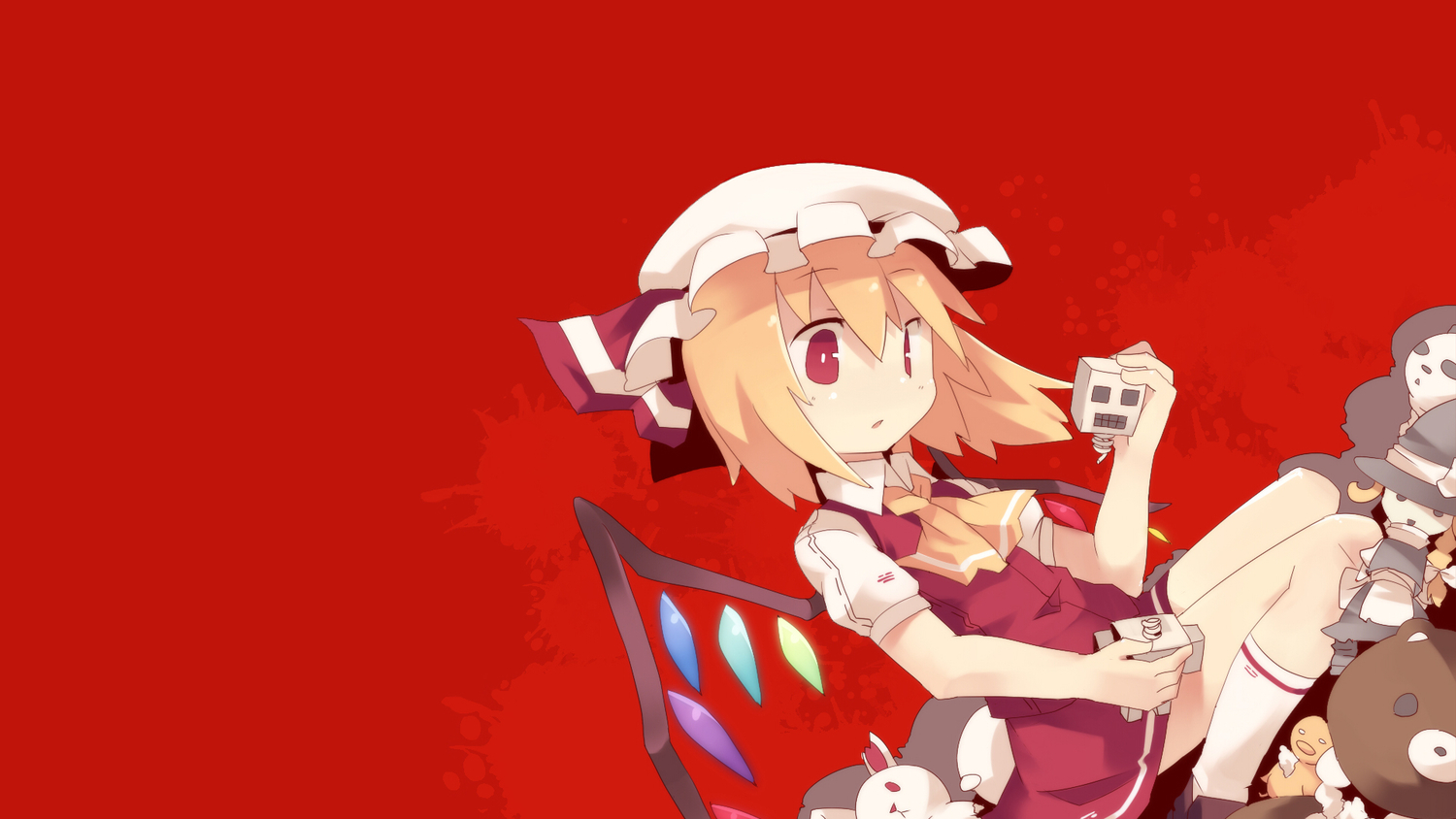 blonde_hair, bow, doll, flandre_scarlet, govurin, hat, kirisame_marisa, red, red_eyes, robot, short_hair, teddy_bear, third-party_edit, touhou, vampire, wings, witch