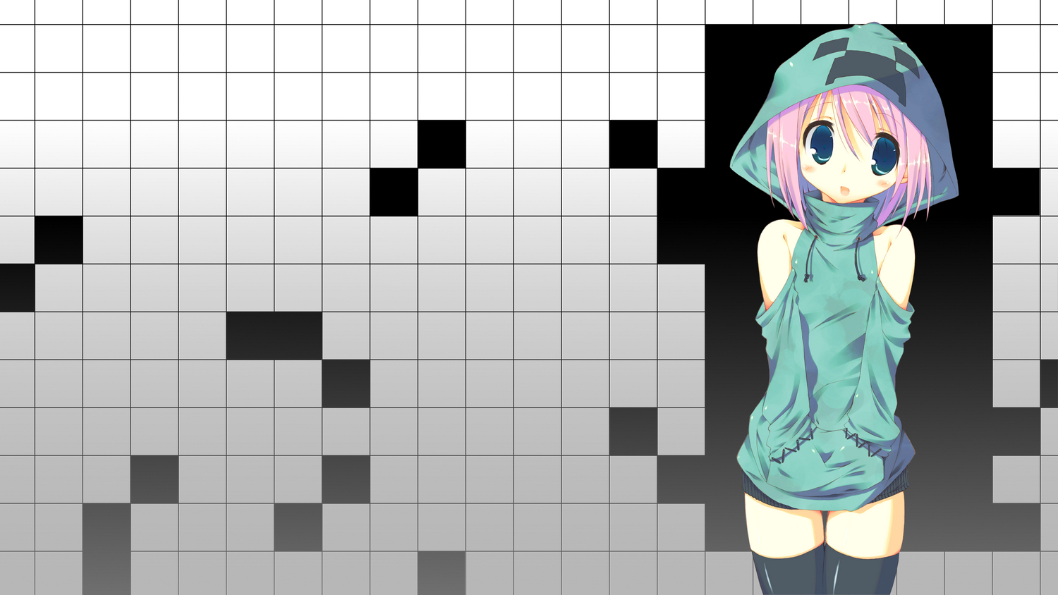 anthropomorphism, blue_eyes, blush, creeper, hood, minecraft, mutsuno_hekisa, pink_hair