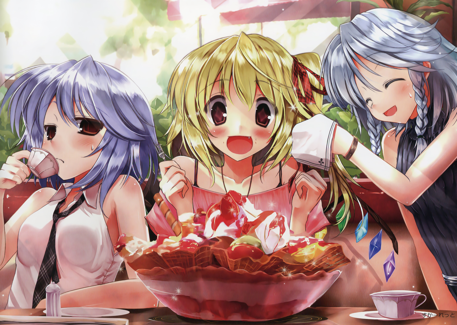 blonde_hair, blue_hair, blush, braids, brown_eyes, drink, fang, flandre_scarlet, food, gray_hair, ice_cream, izayoi_sakuya, long_hair, ponytail, red_eyes, remilia_scarlet, ribbons, scan, scarlet_(studioscr), short_hair, tie, touhou, vampire, wings